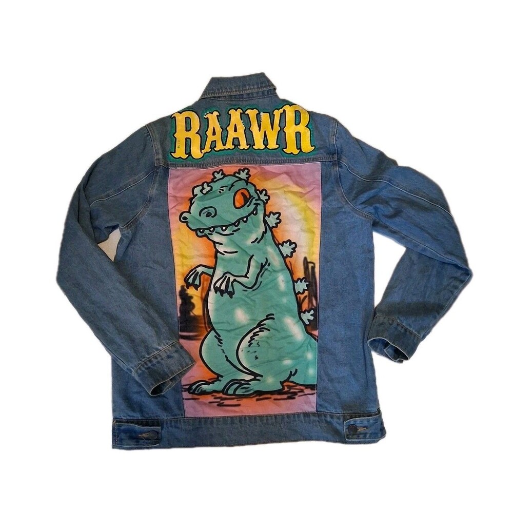 Nickelodeon Rugrats Raptor Dinosaur Denim Jacket XS Blue Graphic Trucker Jean